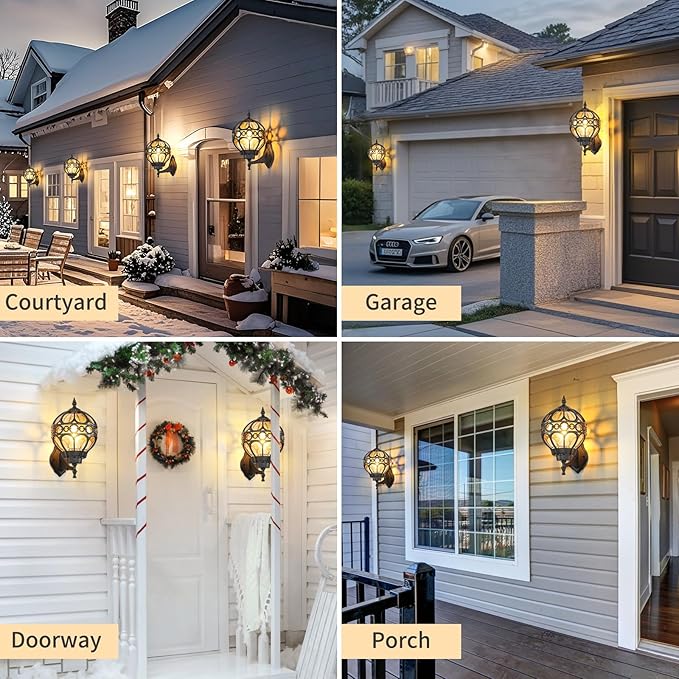 Dusk to Dawn Outdoor Wall Lights, Black Globe Aluminum Exterior House Lantern with Amber Glass, Anti-Rust Waterproof Outside Round Wall Lighting Fixtures for Patio Doorway Garage, 2 Pack
