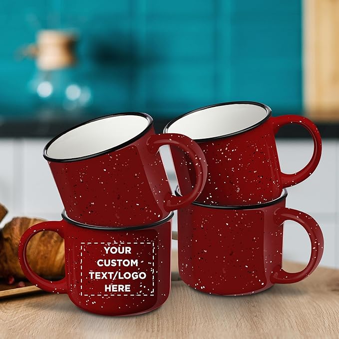 DISCOUNT PROMOS Custom Ceramic Campfire Coffee Mugs 13 oz. Set of 10, Personalized Bulk Pack - Perfect for Tea, Espresso, Cappuccino, Hot Cocoa - Red