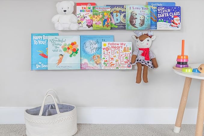 Rebecca Luxurious Acrylic Floating Shelves for Wall - 2 Pack of 16" x 2" x 4" - 5mm Thick Clear Book Shelf for Bathroom, Bedroom, Nursery, Kids Room with Easy Installation Hardware – Cute Bookshelf
