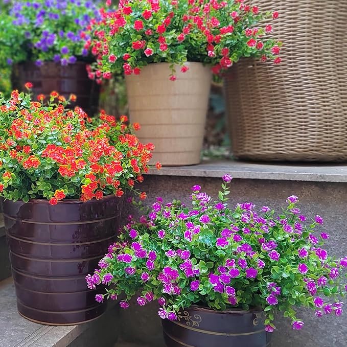 12 Bundles Artificial Flowers for Outdoors, UV Resistant Fake Flowers with Plastic Plants, Faux Flowers for Outside Window Box Front Porch Hanging Planter Decor (Magenta)