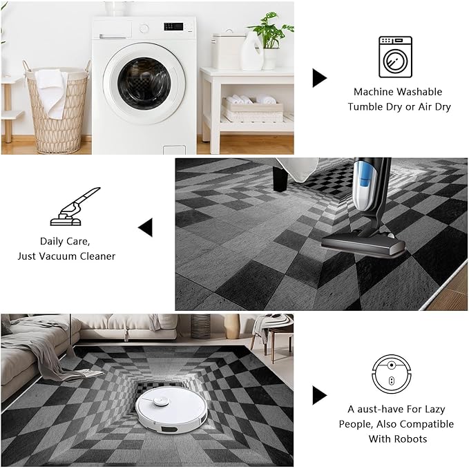 3D Rug 5x8, Plaid Soft Ultra Soft Faux Wool Low Pile Optical Illusion Rug, Indoor Floor Mats Abstract Geometric Carpet, Non-Slip Stain Resistant Washable Rugs, Modern Gray Rugs for Living Room