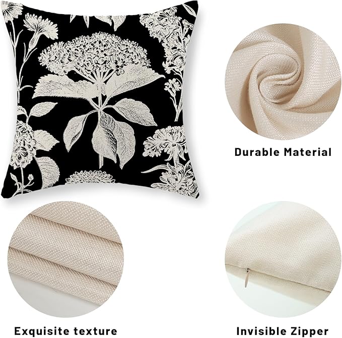 Black Pillow Covers 18x18 Inch Set of 2 Vintage Boho Floral Hydrangea Herbs Botanical Throw Pillows Outdoor Flower Decoration Pillowcase Linen Farmhouse Cushion Case Decorative for Couch Sofa