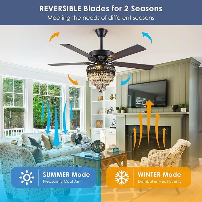 Asyko Crystal Ceiling Fan Fandelier with Lights - Modern Outdoor Fans with Remote Control,Noiseless AC Motor, Retro/Farmhouse Lighting, Dining Room, Living Room (52"