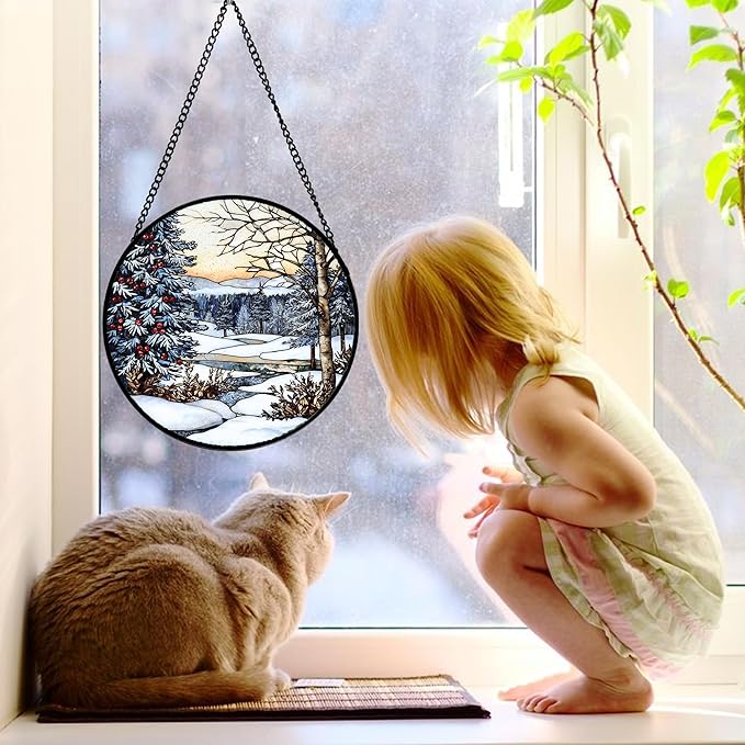 Stained Glass Window Hanging, Winter Snow Landscape Suncatcher Diamond Glass Panel Sun Catchers Decor for Birthday for Women, Men, Wife, Aunt, and Mom 14.9 in