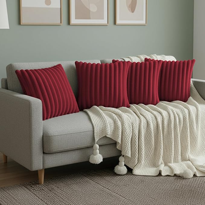 Red Throw Pillow Covers 18 x 18 Set of 4, Cute Boho Throw Pillow Cover for Couch/Bed, Decorative Pillows Covers for Sofa/Bed, Accent Pillow Covers for Living Room, Rustic/Home/Room Decor