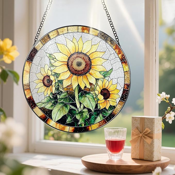 Sunflower Stained Glass Suncatcher, Stained Glass Window Hanging, 8 Inch Sunflower Suncatcher, Sunflower Glass Window Decor, Christmas, Mother's Day, Birthday, Gifts for Mom, Grandma Gift