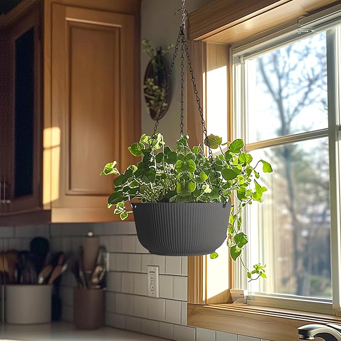 T4U 10 Inch Hanging Planters for Indoor Outdoor Plants, Hanging Plant Pot Pack of 2, Self Watering Hanging Pots with Drainage Hole & Plug & Chain with 3 Hooks for Garden Home Decor, Grey