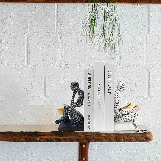 Heavy Duty Book Ends for Shelves, Thinker Decorative Bookends for Heavy Books, Unique Book Stoppers to Hold Book, Bookshelf Accessories, Modern Home Office Decor Aesthetic Black & White