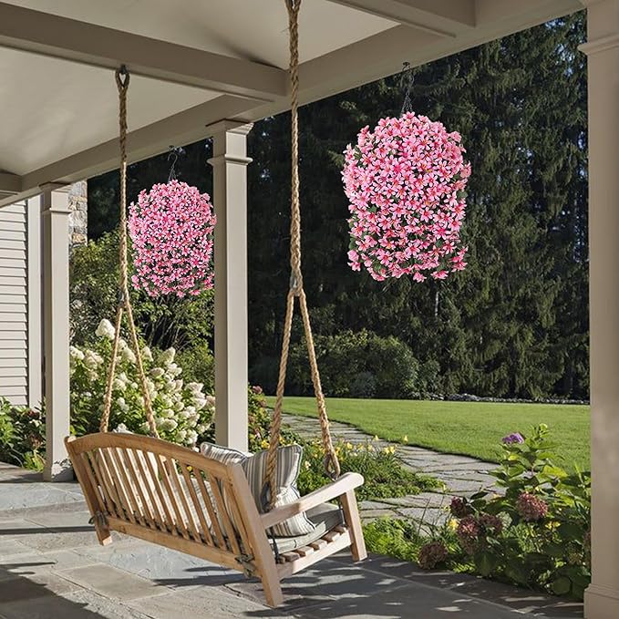 Artificial Flowers Plants for Outdoor with Basket, 4PCS Silk Hanging Faux Flowers Long Trailing Vines for Outside Home Porch Patio Decoration, Fuchsia