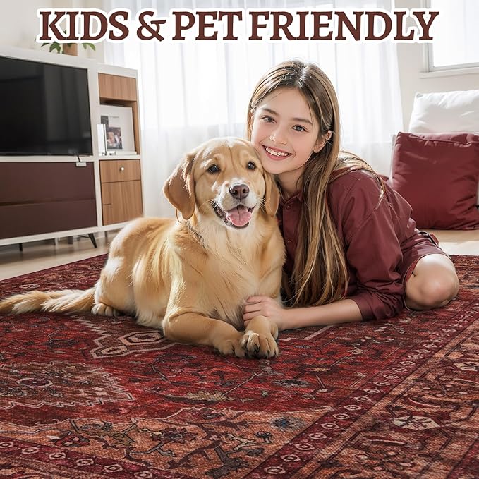 Tangsoo 5x7 Area Rug Washable Rug for Living Room, Vintage Indoor Non Slip Large Area Rugs, Print Distressed Carpet, Soft Low Pile Foldable Floor Rug for Bedroom Dining Room Dorm Dark Red