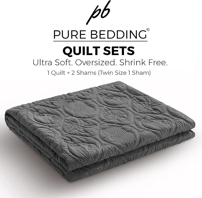 Pure Bedding Quilt Set King/Cal King/California King Size Dark Grey - Oversized Bedspread - Microfiber Coverlet - Includes 1 Quilt and 2 Shams, Ocean Star Pattern