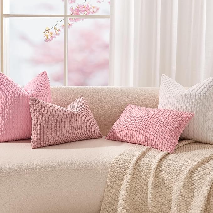 Kevin Textile Valentines Day Decorative Pillow Covers Set of 2 Striped Plush Corduroy Rectangle Lumbars Boho Home Decor Cushion Covers for Couch Sofa Bed Living Room 12x20 Inch, Dark Pink