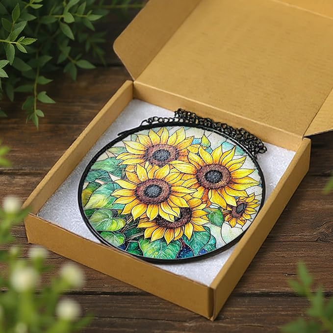 Stained Glass Window Hanging, 8 Inch Sunflower Stained Glass Suncatcher, Suncatchers for Windows Hanging, Home Decor for Window, Teacher Gift, Birthday Gift, Sunflower Gifts for Women, Friend
