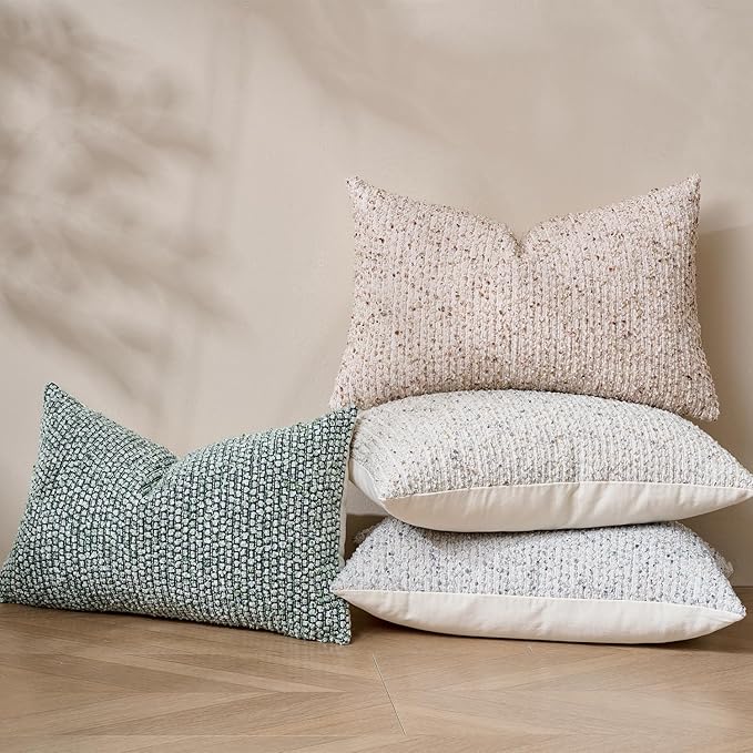 12x20 Beige Lumbar Pillow Cover Textured Boucle Striped Chic Morden Boho Accent Farmhouse Rectangular Decorative Couch Pillow Case for Home Decor Bed Sofa Living Room