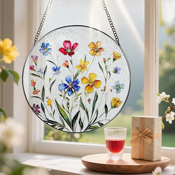 Wildflower Stained Glass Suncatcher, Stained Glass Window Hanging, 8 Inch Wildflower Window Decor, Suncatcher, Florist Gift, Gift for Flower Lovers