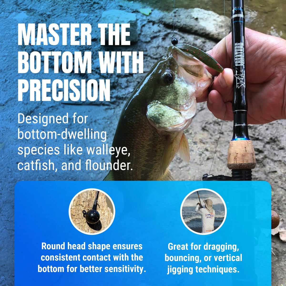Reaction Tackle Ball Jig Heads - Round Head Jigs for Bass, Walleye, Crappie and Panfish - Soft Plastic Jig Heads for Freshwater and Saltwater - 1/4 Oz - 2/0 Hook Black (10-Pack)