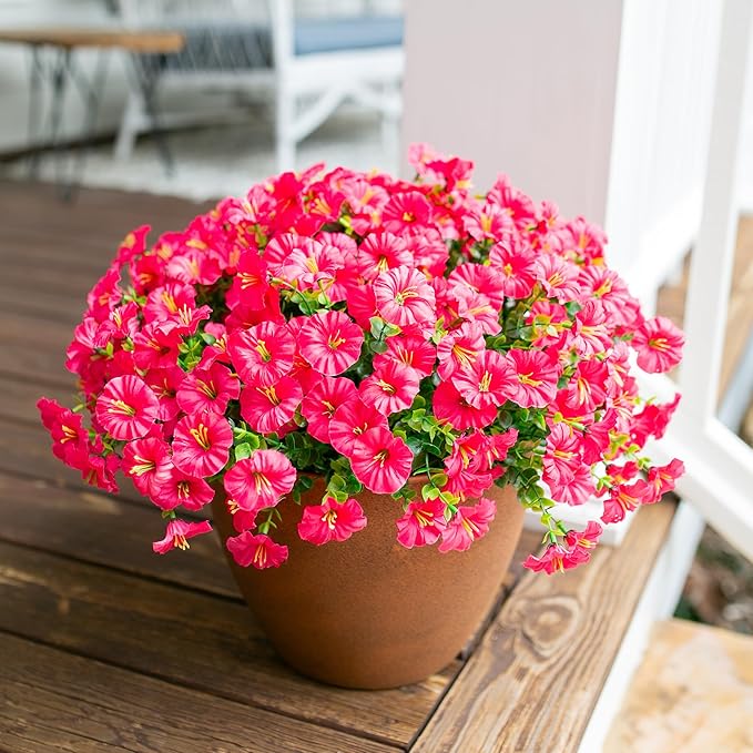 HyeFlora Artificial Flowers for Outdoors Fake Plants Outside Decoration, 12 Bundles Silk Hot Pink Morning Glory UV Resistant Look Real Faux Flowers for Planter Front Door Porch Patio Yard Gardens Home
