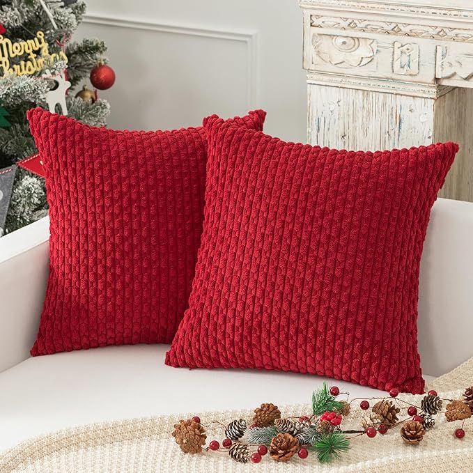 Kevin Textile Pack of 2 Corduroy Decorative Throw Pillow Covers 26x26 Inch Soft Boho Striped Pillow Covers Modern Farmhouse Home Decor for Spring Sofa Living Room Couch Bed Burgundy