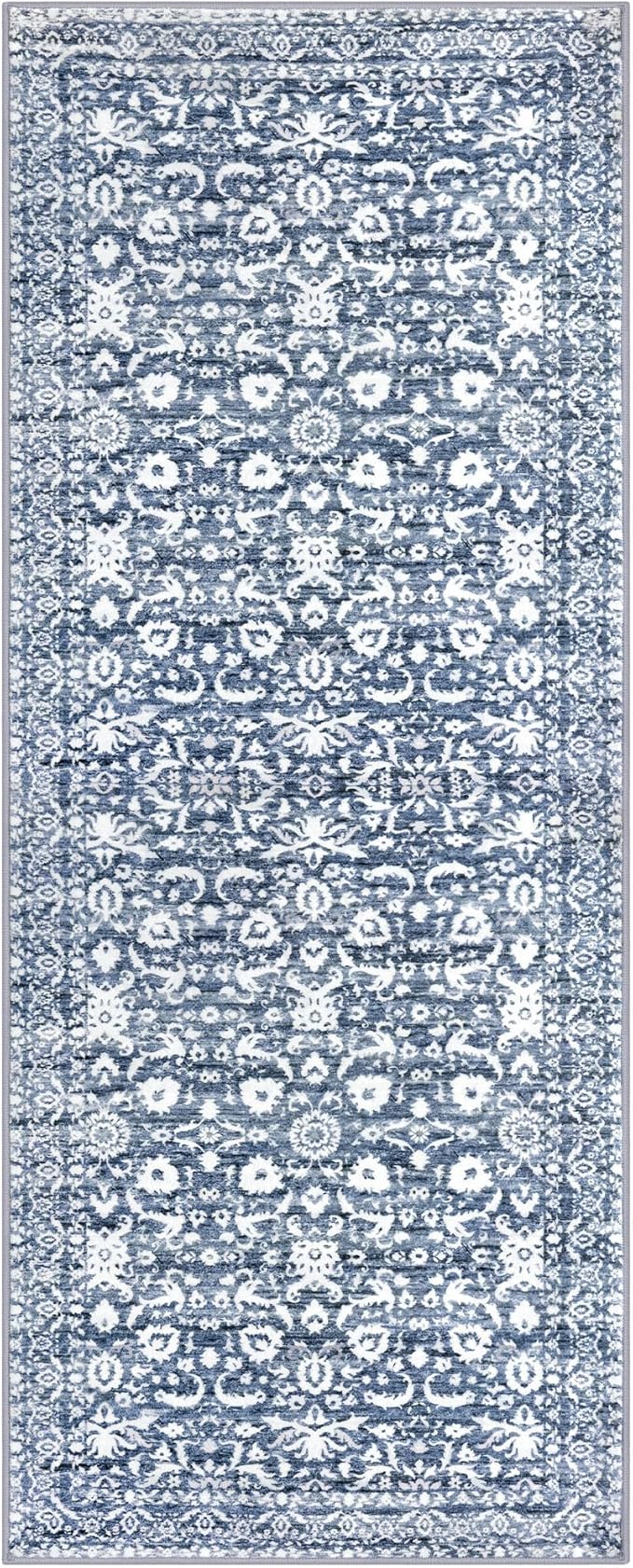Vintage Floral 2.6x8 Runner Rug, Light Blue White Washable Kitchen Runner Rug Non-Slip Hallway Rug Runner Thin Printed Faux Wool Super Soft Carpet for Entryway Bedroom Laundry Room Indoor