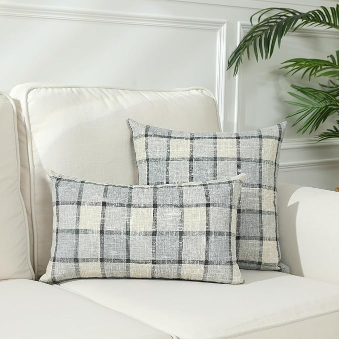 Stellhome Pack of 2 Faux Linen Buffalo Check Throw Pillow Covers, Farmhouse Plaid Decorative Cushion Covers for Couch Sofa Living Room, 26x26 Inch, Light Grey