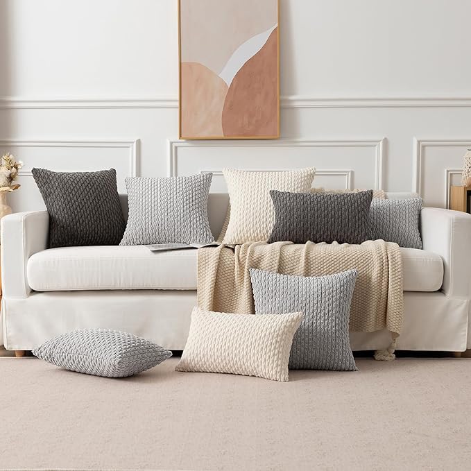 Kevin Textile Decor Solid Decorative Pillow Case Striped Jacquard Cushion Cover for Lumbar Light Grey 12x20 Inch (30x50cm) 2 Pieces