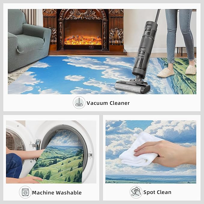 Sky and Clouds 5x6 Area Rugs for Living Room -Grassland and Pasture Washable Rug Rural Landscape Non-Slip Carpet Indoor Floor Stain Resistant Thin Carpets for Bedroom Dining Room Home Office