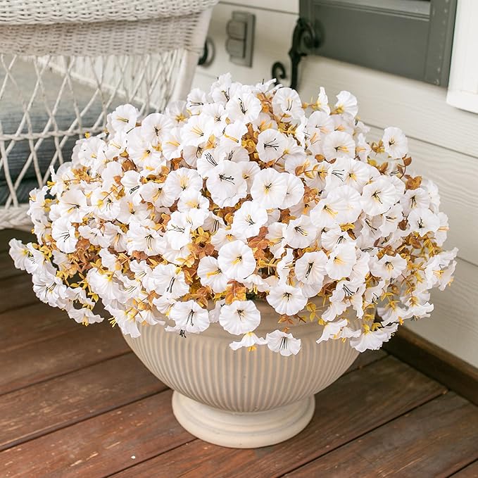 Fake Mums Artificial Fall Flowers Fake Plants for Outdoors Autumn Decor, 12 Bundles White Silk Morning Glory with Eucalyptus Look Real UV Resistant Faux Flowers for Outside Planters Front Door Yard