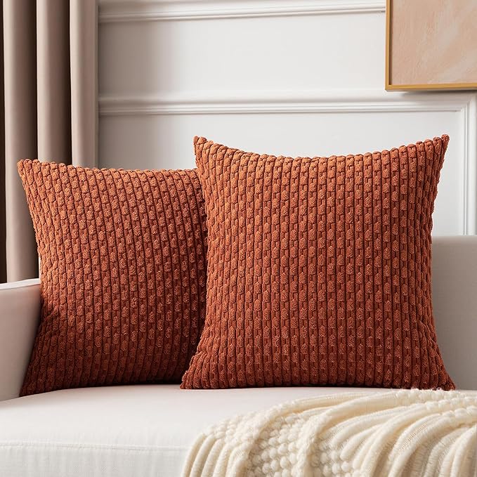 Kevin Textile Fall 2 Packs Boho Decorative Throw Pillow Covers 20x20 Inch for Living Room Couch Bed Sofa Rustic Modern Farmhouse Home Decor Soft Corduroy Square Cushion Case, Rust