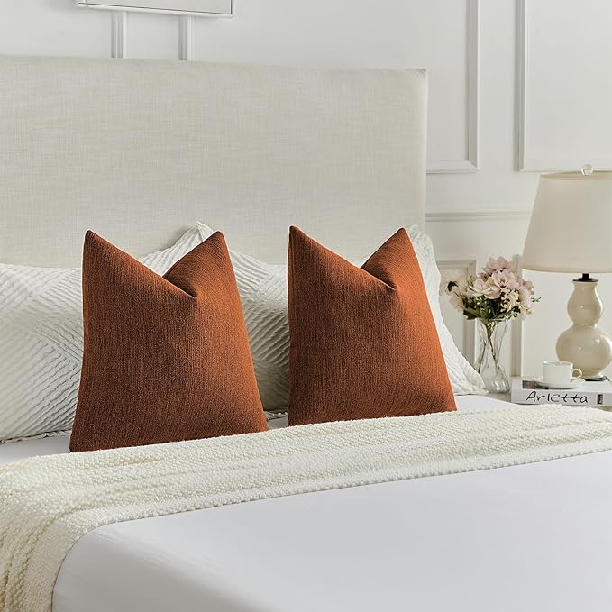 FUTEI Rust Chenille Decorative Throw Pillow Covers 12x20 Inch Set of 2,Soft Cozy Faux Linen Textured Lumbar Pillow Cases,Farmhouse Home Decor for Couch Living Room