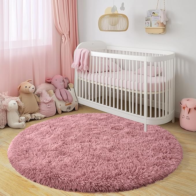 Round Fluffy Rugs 5Ft for Girls Bedroom, Blush Pink Shag Circle Kids Rug Non-Slip for Bedside Dorm Nursery Playroom, Soft Cute Area Rugs for Living Room Decor