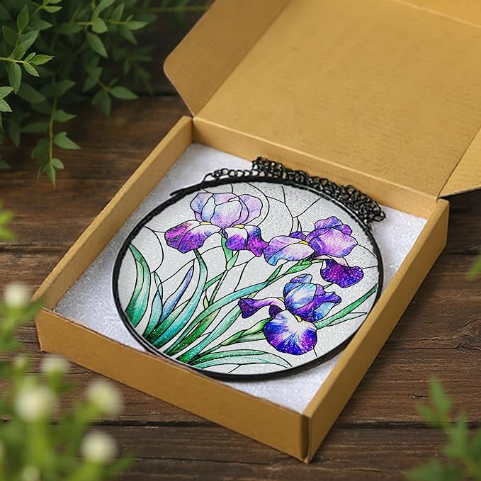 Stained Glass Window Hanging, 8 Inch Purple Irises Stained Glass Suncatcher, Flower Sun Catchers Indoor Window, Iris Flowers Gift, Flower Lovers Gifts, Housewarming Gift, Gifts for Her or Women
