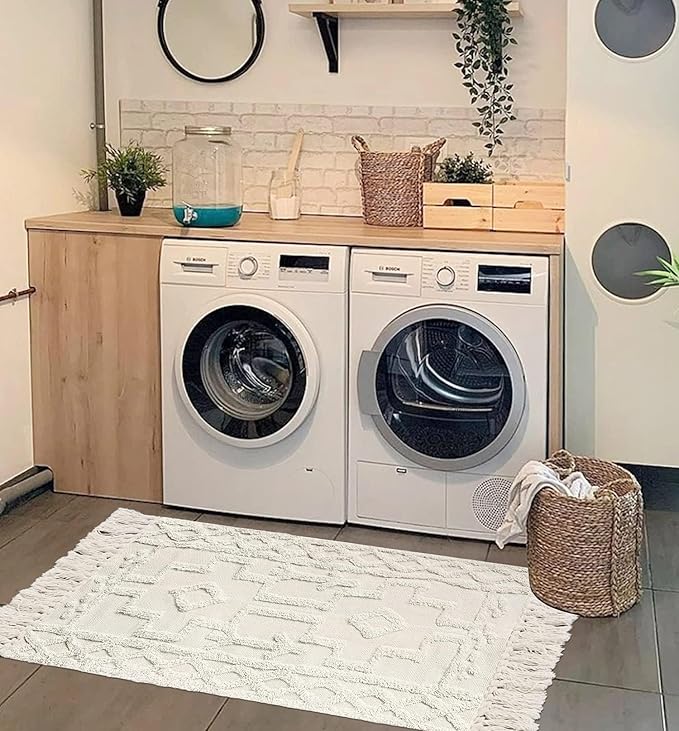 Uphome Boho Bathroom Runner Rug 2' x 4.3', Washable Woven Cotton Bedroom Rug Runners, Beige Aesthetic Tufted Entryway Runner Rugs, Bohemian Tribal Throw Rugs for Bedside Living Room Laundry Kitchen