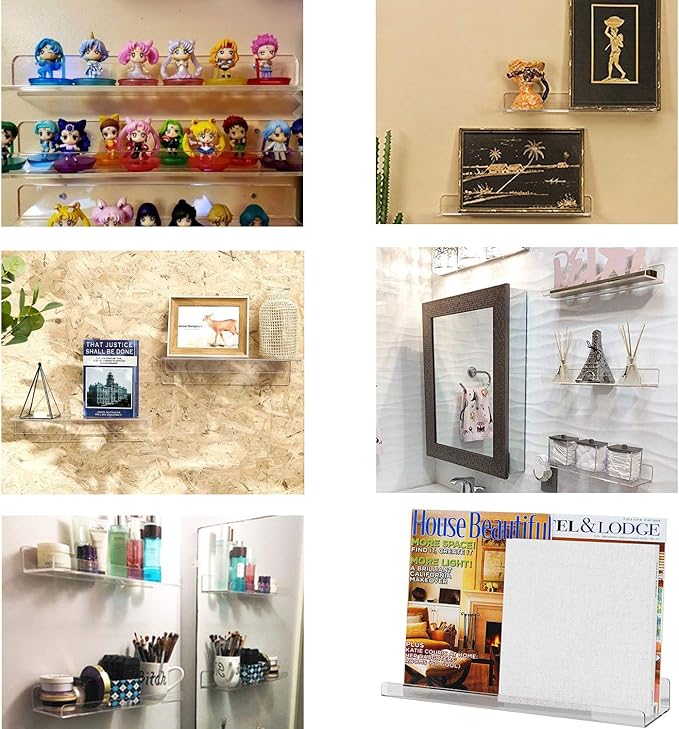 Cerpourt Acrylic Floating Wall Ledge Shelf, Wall Mounted Nursery Kids Bookshelf, Invisible Spice Rack, Clear Bathroom Storage Shelves Display,Acrylic 15" Invisible Bookshelf, Set of 4