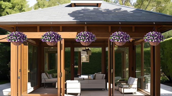 Artificial Hanging Flowers 12 inch Basket, Faux Silk Petunias Flower Arrangement,Coconut Lining Pot Planter with Morning Glories Patio Garden Porch Deck Spring Summer Decor(Purple Edge)