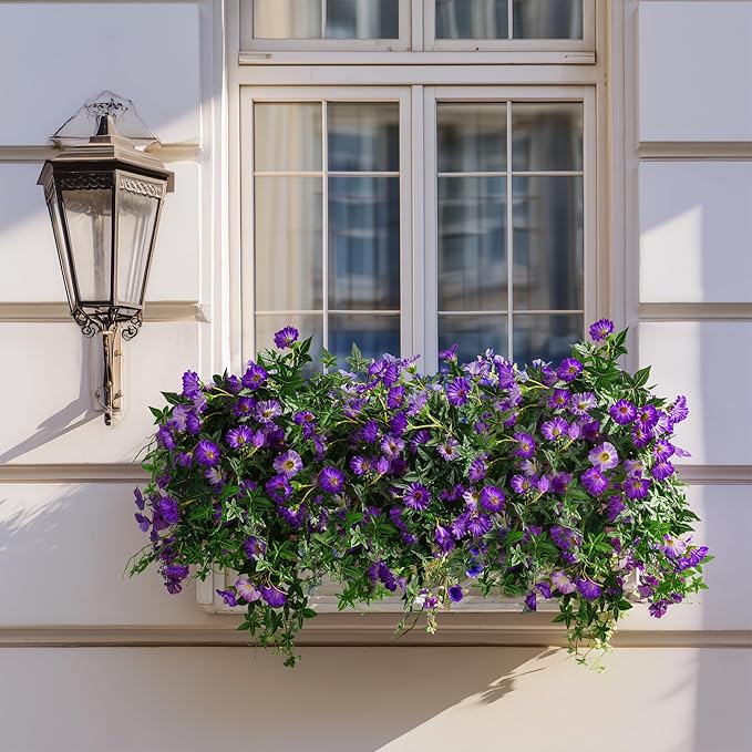 Artificial Flowers Artificial Petunias for Outdoors 2PCS Artificial Hanging Plants Outdoor Silk Flowers with Stems Outdoor Flowers Uv Resistant for Porch Decor Terrace Decor(Purple)Without Pot