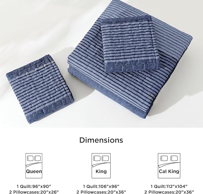 Litanika Quilt King Size Sapphire Blue, Stripe Patchwork Summer Bedspread Coverlet 3 Pieces, Soft Lightweight Microfiber Quilted Bedding Set for All Season(1 Quilt, 2 Pillowcases)