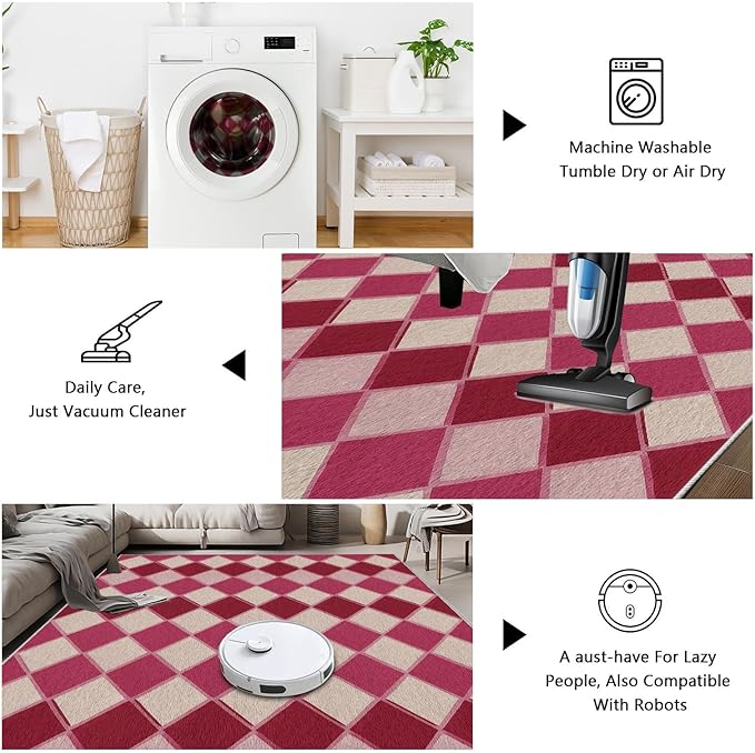 Plaid Rug, Soft Ultra Soft Faux Wool Rhombus Geometric Rugs, Indoor Floor Mats Carpet, Non Slip&Non-Shedding Low Pile Washable Rugs, Modern Red 7x10 Area Rug for Bedroom Home Decor