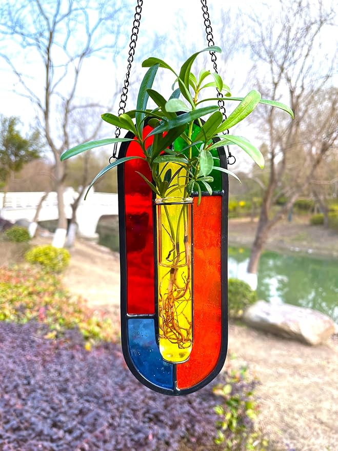 LITMIND Hanging Planter Terrarium with Vibrant Stained Glass Suncatcher Elements, Hydroponic Mini Plants Propagation Station - Perfect for Home & Garden Decor, Includes 2 Glass Propagation Tube