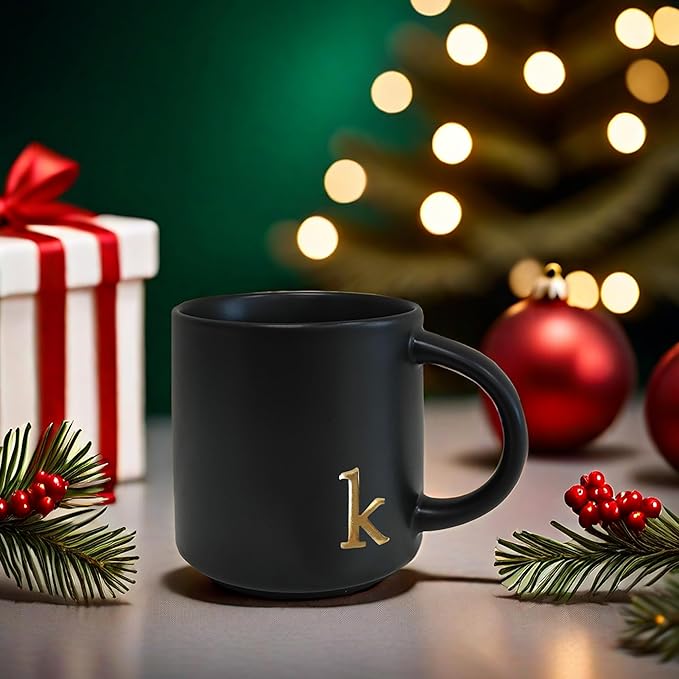 COLLECTIVE HOME - Black Monogram Ceramic Mugs, 15 oz Golden Initial Coffee Cups, Elegant Alphabet Tea Mugs, Personalized Halloween Mug with Gift Box, Perfect for Office and Home Décor (k)