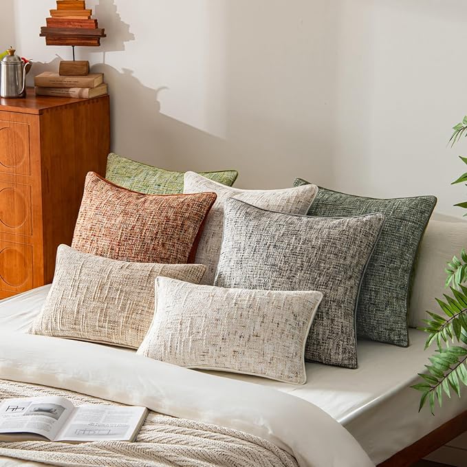 a moment Green Reversible Pillow Covers 2 Pack - Farmhouse Chenille Throw Pillows, Neutral Textured Decorative Throw Pillow Covers with Border for Couch Sofa Bed (18x18 Inch, No Insert)