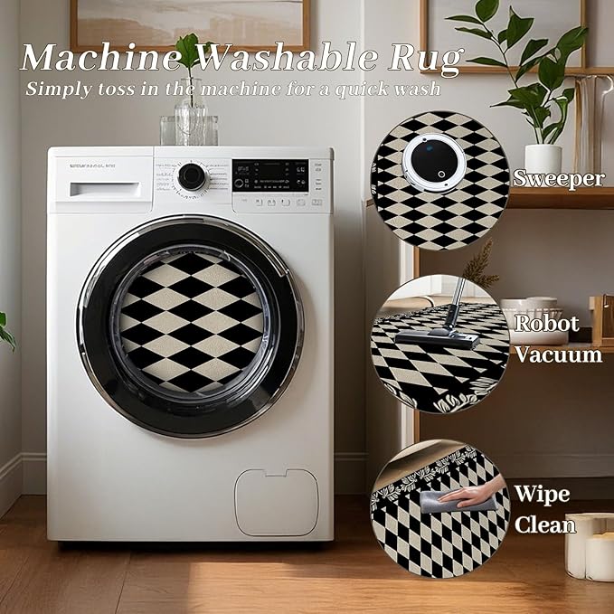 Modern Black White Checkered Pattern Runner Rug, 2.6x10ft, Abstract Neutral Farmhouse Decor Rugs for Living Room, Non-Shedding Low Pile Soft Foldable Carpet for Family Kitchen