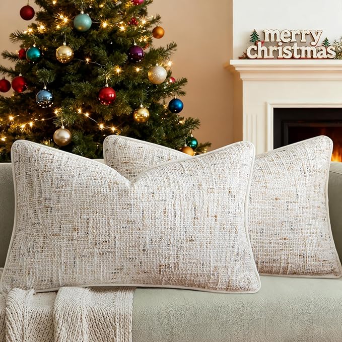 a moment Christmas Beige Reversible Pillow Covers 2 Pack - Farmhouse Chenille Throw Pillows, Neutral Textured Decorative Throw Pillow Covers with Border for Couch Sofa Bed (12x20 Inch, No Insert)