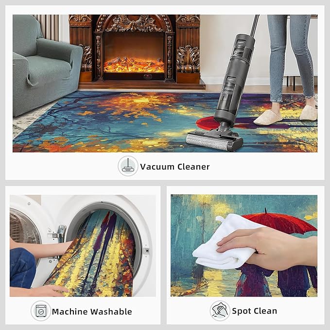 London Streets Washable Rugs 5x7 Rug for Living Room, Rainy Night Oil Painting 5x7 Rug Autumn Landscape Low-Pile Carpet for Bedroom Dining Non Slip Mat with Rubber Back