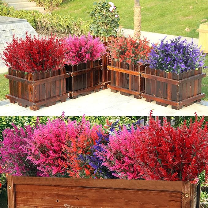 RECUTMS Artificial Outdoor Flowers, 8pcs Faux Outdoor Plant Plastic Lavender Bouquet,UV Resistant Flowers,Spring Decor,Lifelike Natural Fake Plant to Brighten Up Your Home (Red)