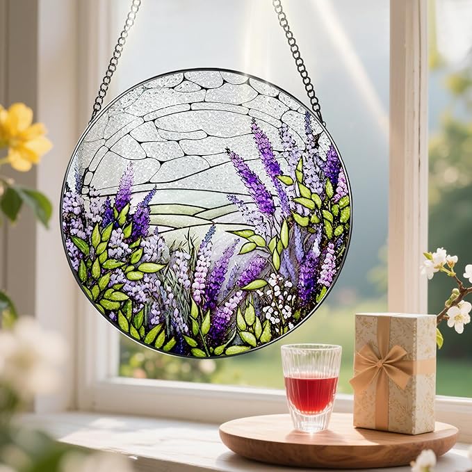 Lavender Flower Stained Glass Suncatcher, Stained Glass Window Hanging, 8 Inch Green Plants Suncatcher Decor for Birthday for Women, Wife, Lovers, Mom, Grandma, Gift Idea