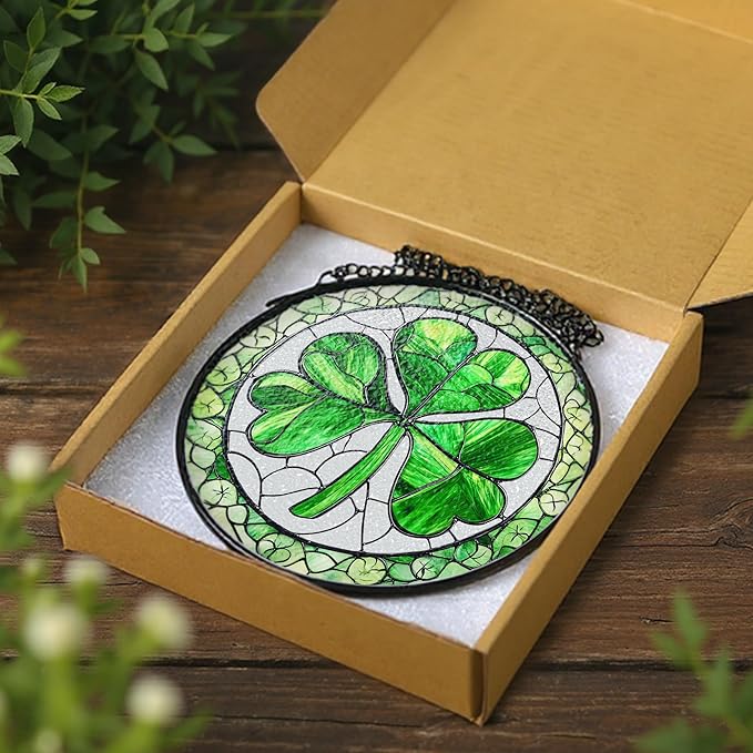 Stained Glass Window Hanging, 8 Inch Shamrock Stained Glass Suncatcher, Sun Catcher Decor, Window Hanging Decor, St. Patrick's Day Decoration, Shamrock Gifts, Irish Gift, Gifts for Women Men