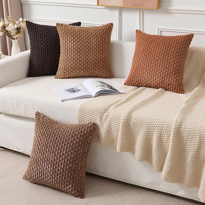 Kevin Textile Decorative Pillow Covers Set of 2 Striped Plush Corduroy Pillows Pillowcases Boho Home Decor Cushion Covers for Couch Sofa Bed Living Room 22x22 Inch, Burnt Orange