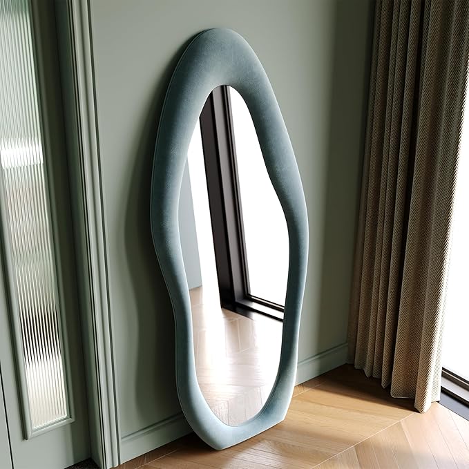 Honyee Full Length Mirror, 63" x 24" Wall Mirror, Flannel Wrapped Wooden Frame Full Body Mirror, Irregular Wavy Mirror Hanging or Leaning Against Wall for Cloakroom/Bedroom/Living Room, Blue