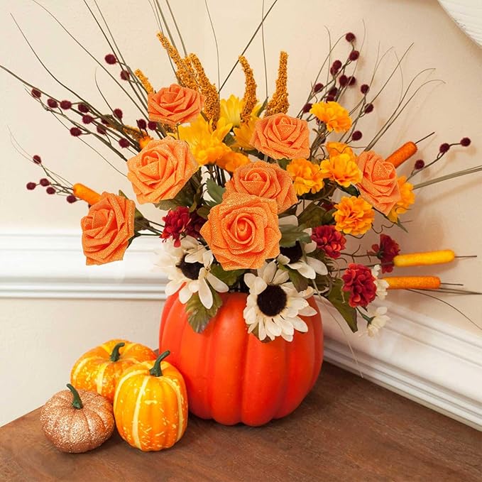 N&T NIETING Artificial Roses Flowers, Fake Glitter Flowers Burnt Orange Roses Perfect for DIY Wedding Bridal Bouquets Centerpieces Bridal Shower Party Home Flower Arrangement Decorations, 25Pcs