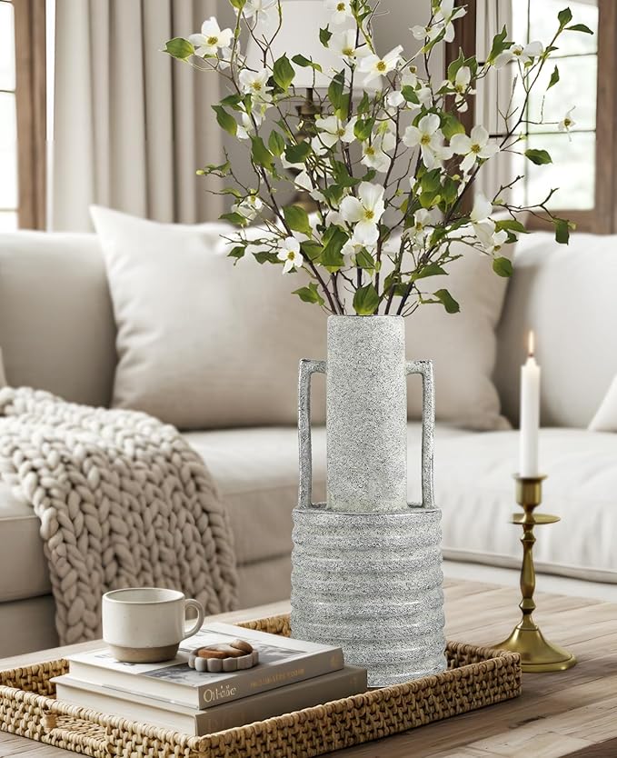Hollyone Large Vintage Ceramic Vase with 2 Handles, 15.6" Tall Silver-Toned Antique Rustic Decorative Floral Grey Vases for Flowers Home Table Centerpiece Shelf Living Room Entryway Farmhouse Decor